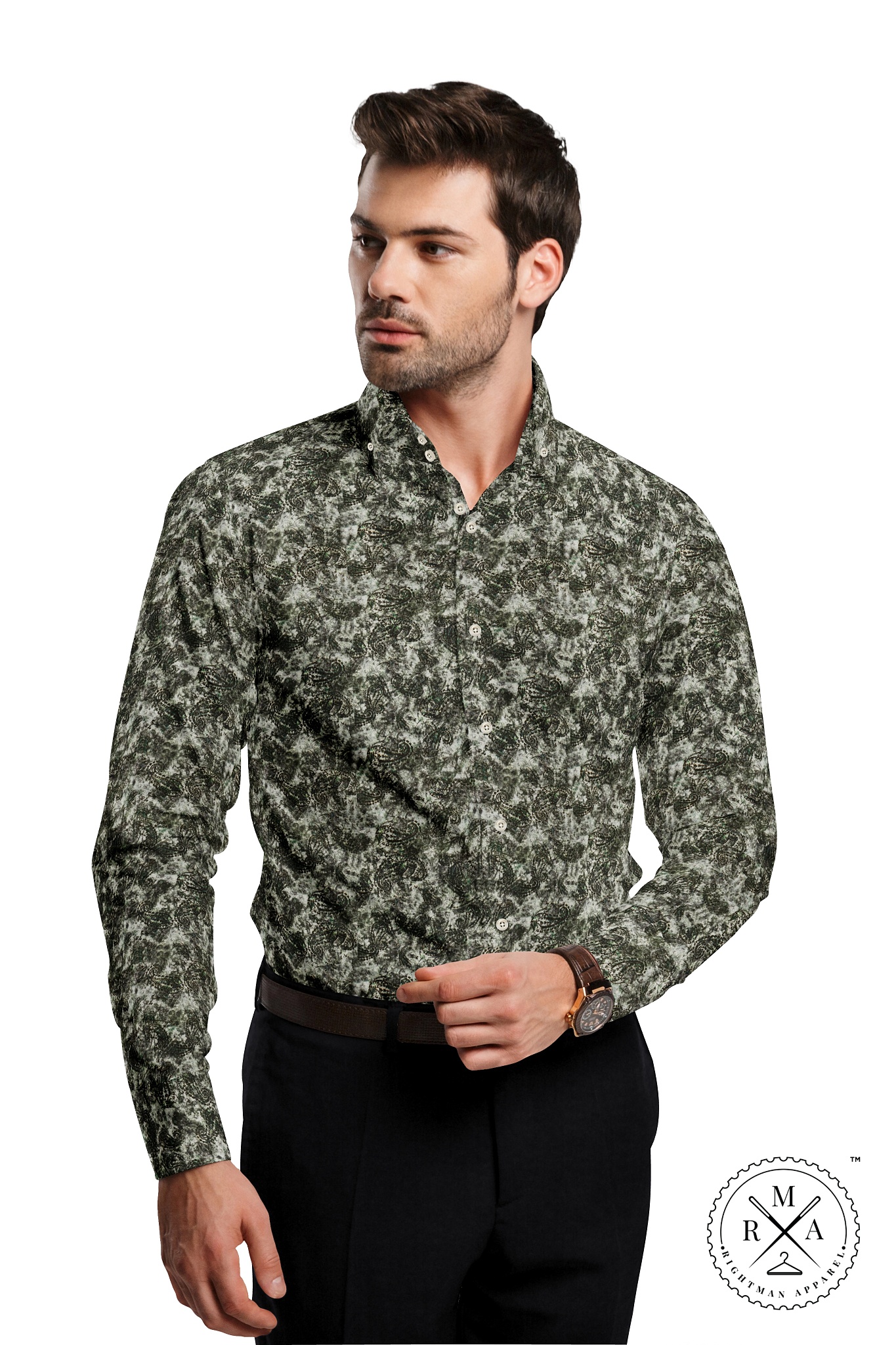 Ivory with Green and Brown Leaf Cotton Shirt SH238